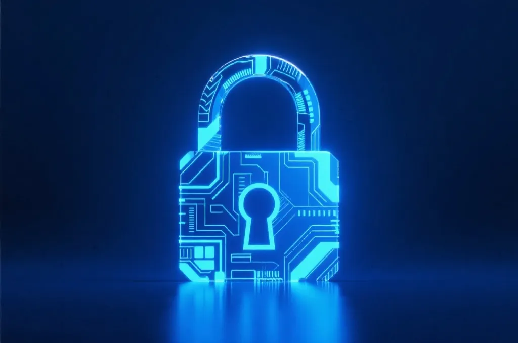 An abstract digital padlock glowing with cyber security patterns on a dark blue background