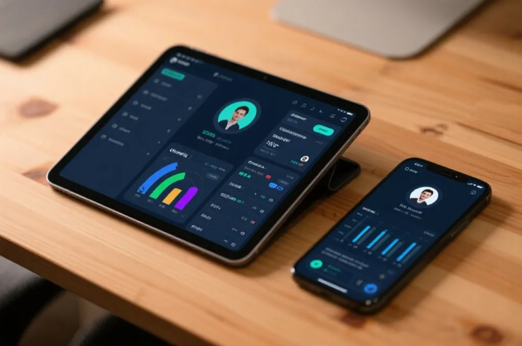 A tablet and a smartphone placed side-by-side on a wooden desk displaying dynamic data interfaces and user profiles.